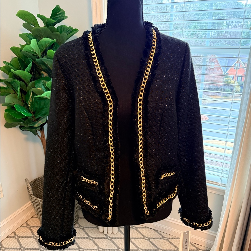 WD.NY Black Blazer with Gold Chain Accents
